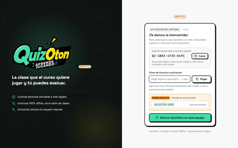 Pantalla de activación con el identificador del equipo, el campo para la clave y la opción de prueba gratuita.